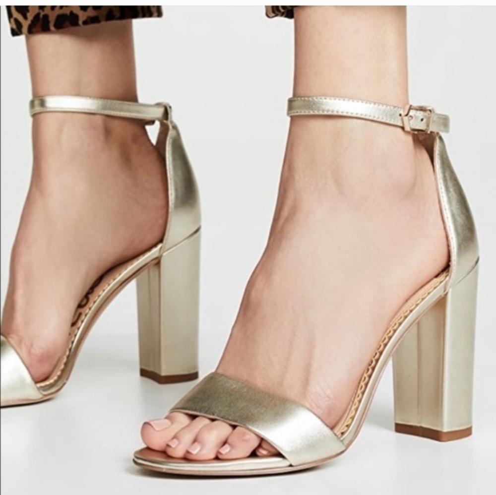 Sam Edelman Light Gold Leather Yaro Block Heel Ankle Strap Sandals NWB Size 5m - Picture 3 of 11